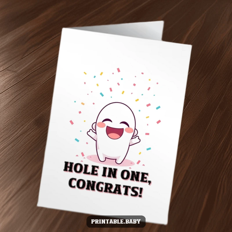 Funny Free Printable Hole Punch Congratulations Card: A gleeful hole punch character laughs amidst a whimsical confetti fall.