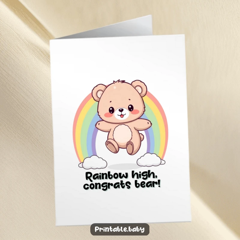 Funny Free Printable Bear Congratulations Card: A fluffy bear cub bouncing on a colorful rainbow, celebrating a success.