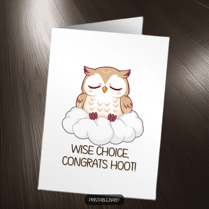 Funny Free Printable Owl Congratulations Card: A sleepy owl dozes soundly on a fluffy cloud pile, celebrating an achievement.