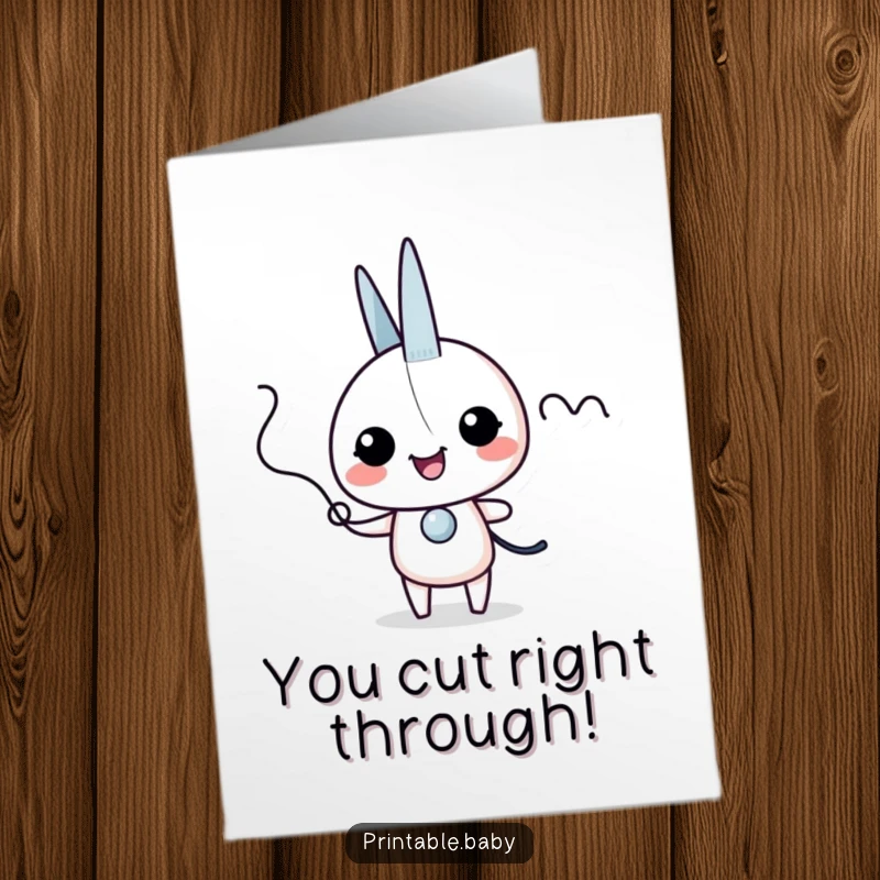 Funny Free Printable Congratulations Card: Giggling scissors character cutting a wiggly line, celebrating a win.