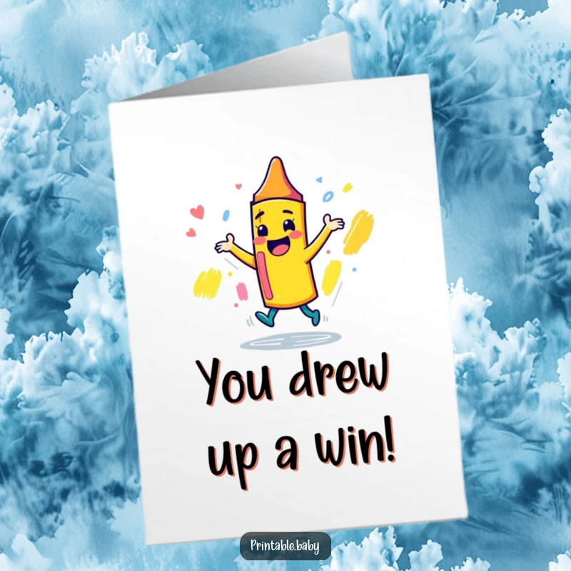 Funny Free Printable Congratulations Card: Playful crayon character dancing around a sketchbook, celebrating an accomplishment.