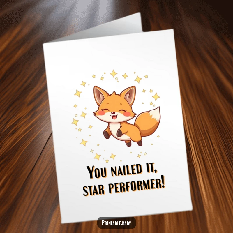Funny Free Printable Congratulations Card: Joyful fox jumping through twinkling stars, celebrating a spectacular achievement.