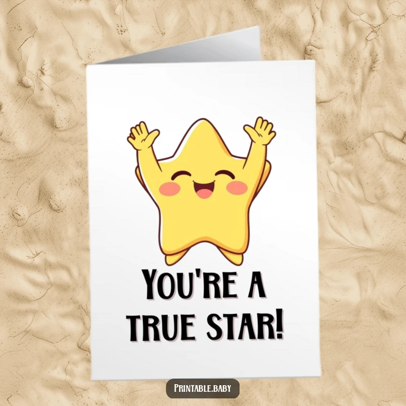 Funny Free Printable Congratulations Card of a star beaming and giggling with arms flung wide.