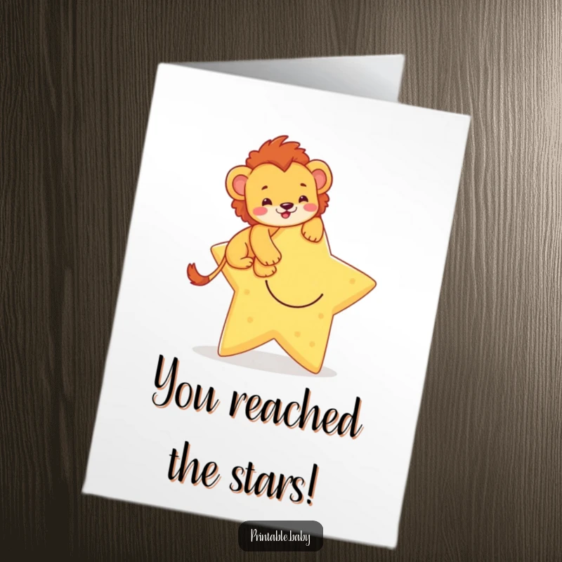 Funny Free Printable Lion Cub Congratulations Card: Determined cub scales a huge smiling star in celebration of success.