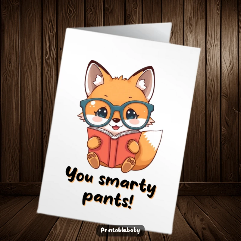 Funny Free Printable Congrats Card: Baby fox wearing large glasses, reading a book upside down, celebrating your success. Downloadable.
