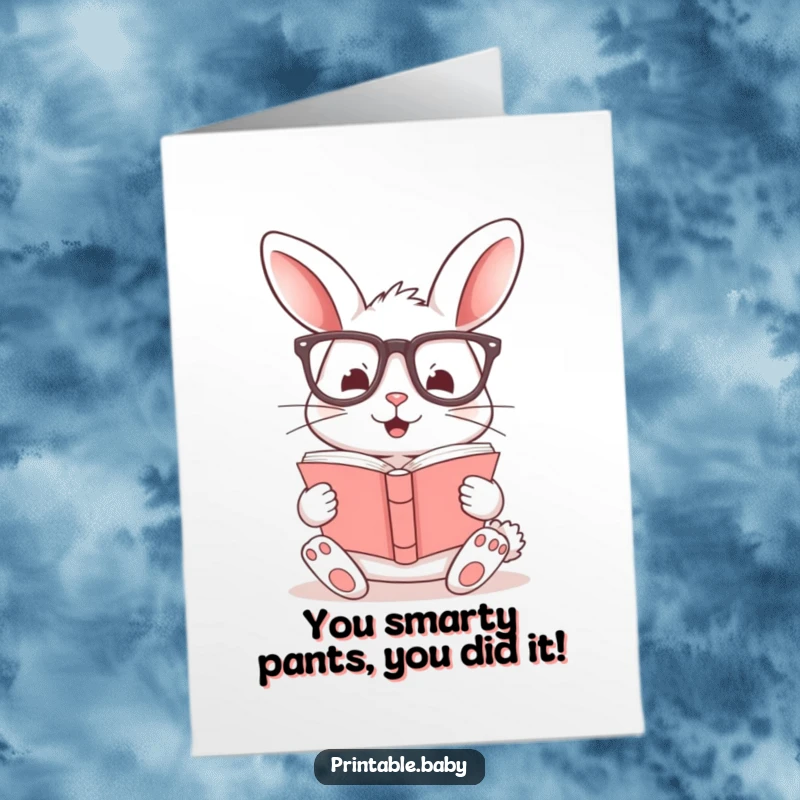 Funny Free Printable Congratulations Card showing a happy bunny with oversized glasses reading, celebrating a wonderful achievement.