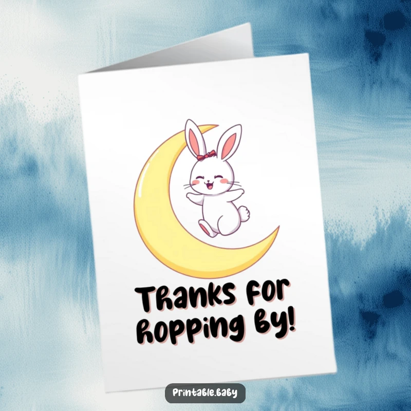 Funny Free Printable Thank You Card: Giggling bunny hopping on a crescent moon, sending thanks with joy.
