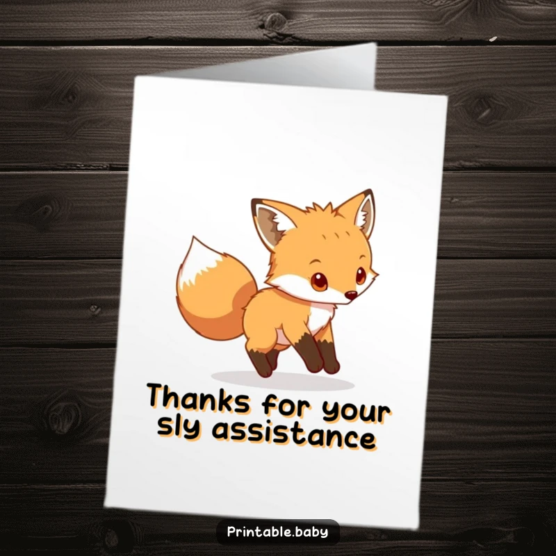 Funny Free Printable Thank You Card: A little fox cub chases its tail playfully, sending a cheerful thank you.