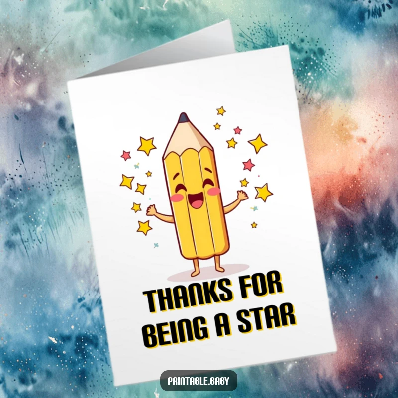 Funny Free Printable Thank You Card with a giddy pencil character excitedly scribbling a flurry of bright, colorful stars.