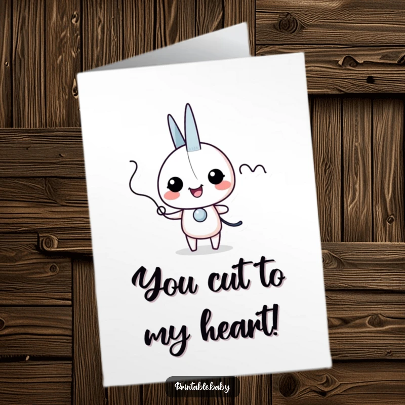 Funny Free Printable Thank You Card: Giggling scissors character snipping a wiggly line, conveying thanks.