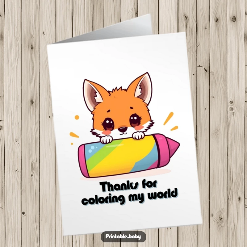 Free Printable Thank You Card: Little fox cub peeking over a huge crayon, sending an artistic and thankful message.