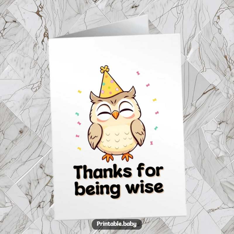 Free Printable Thank You Card: Giggling owl wearing a party hat, with confetti raining down, sending a cheerful thank you.