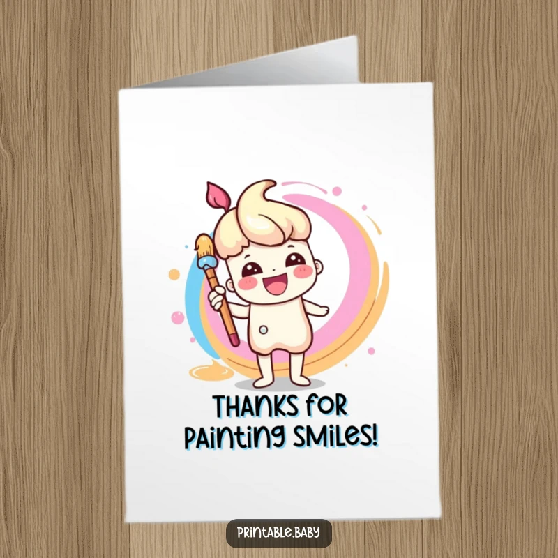 Funny Free Printable Thank You Card: A cheerful paintbrush character painting a rainbow swirl.