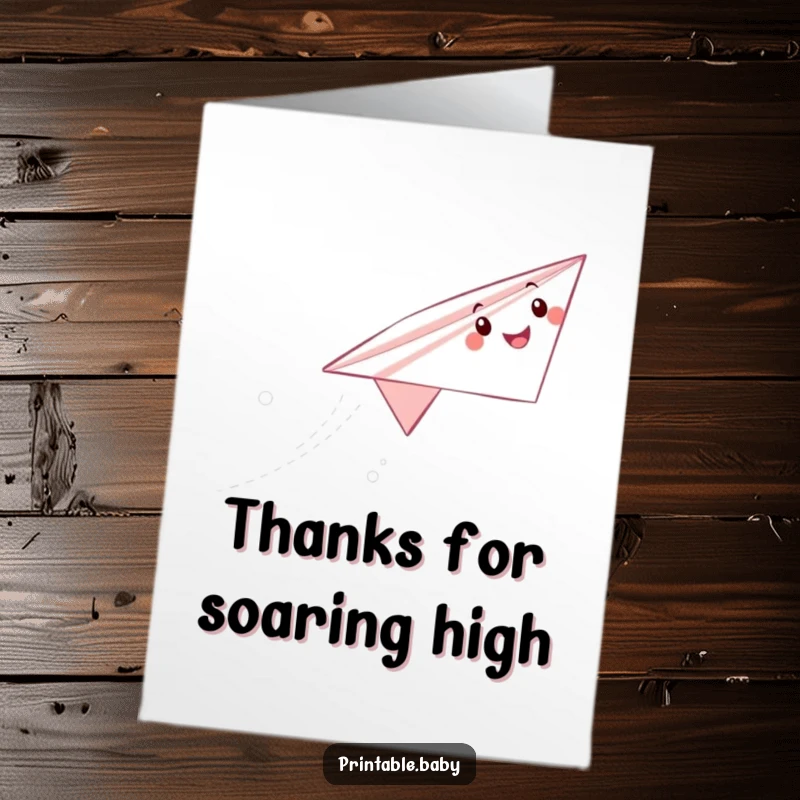 Funny Free Printable Thank You Card featuring a cheerful paper airplane character delivering a message of gratitude.