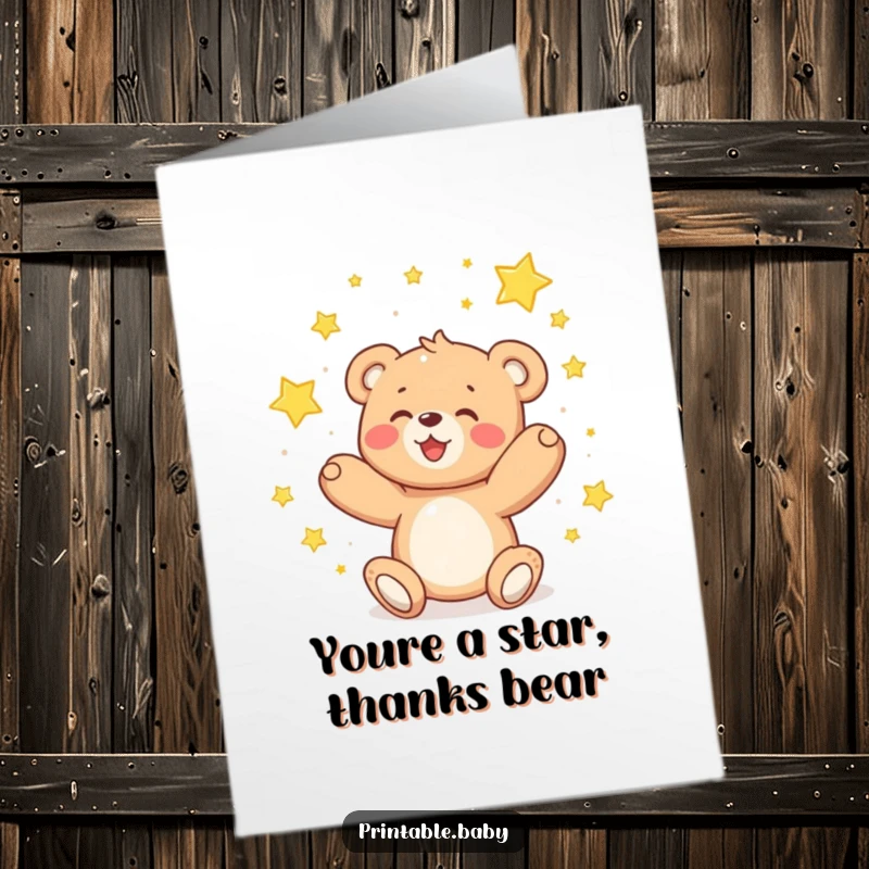 Free Printable Thank You Card: A delighted teddy bear catches sparkling stars, a sweet gesture to convey heartfelt thanks.