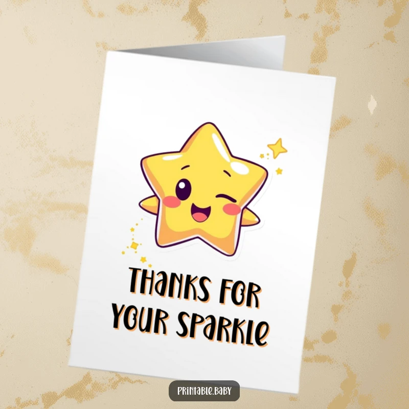Funny Free Printable Thank You Card: Happy star character winking, leaving a trail of glitter, expressing thanks humorously.