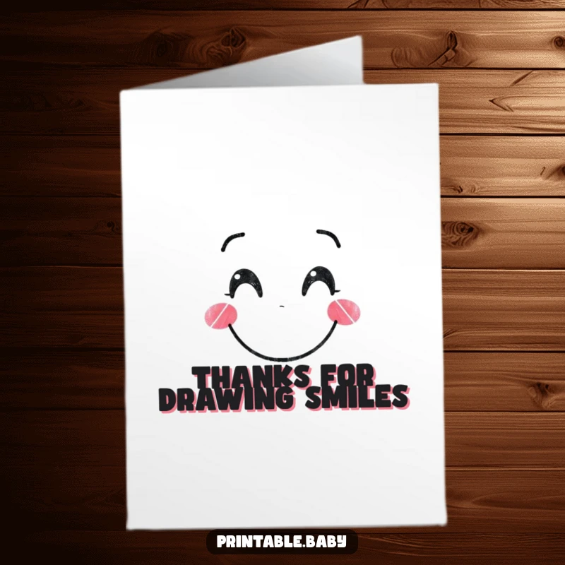 Funny Free Printable Thank You Card with a smiling crayon character drawing a bright, happy face on a blank page.