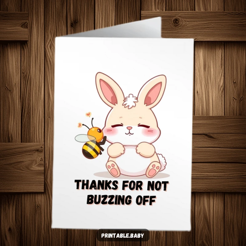 Funny Free Printable Thank You Card: A startled bunny recoils from a buzzing bee, perfect for a humorous expression of thanks.