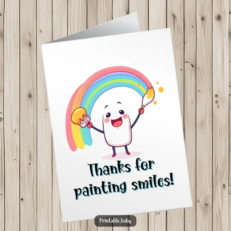 Funny Free Printable Thank You Card: Cheerful paintbrush character excitedly swirling a rainbow arc, thanking with artistic flair.