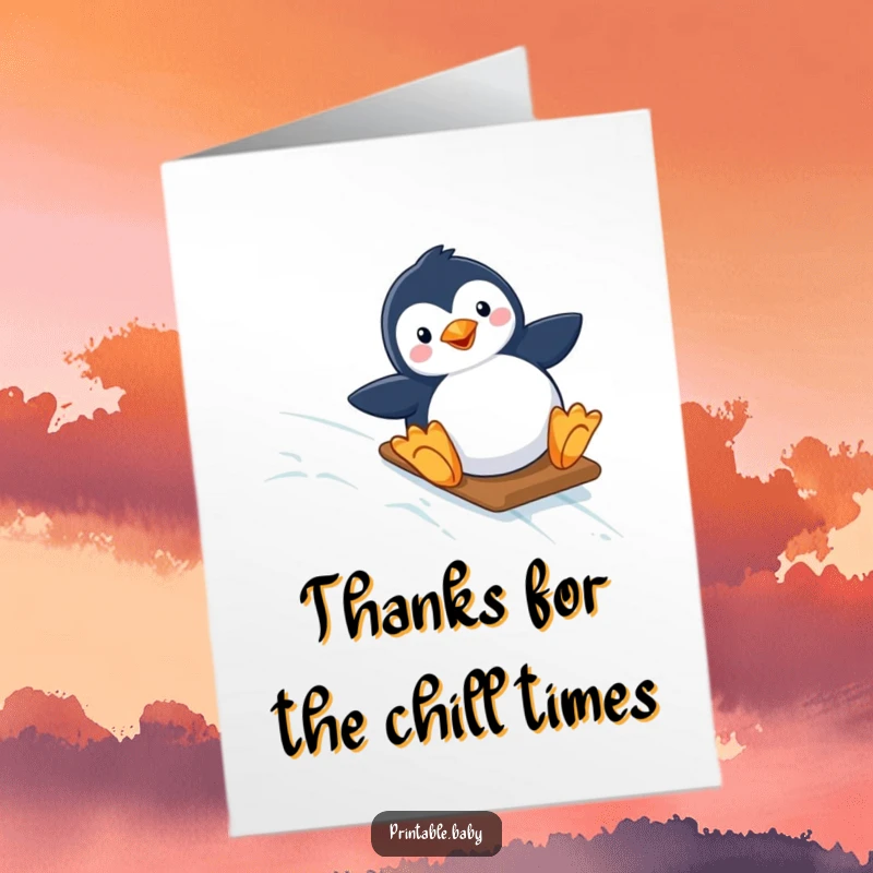 Funny Free Printable Penguin Thank You Card: Penguin sliding happily down a starry slope, offering thanks.