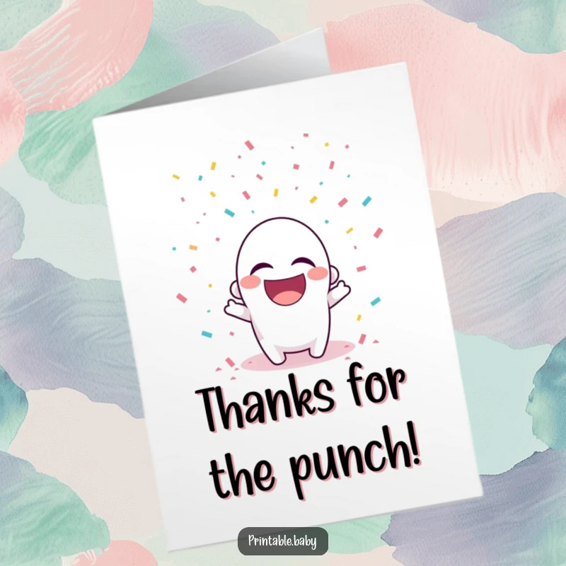 Funny Free Printable Hole Punch Thank You Card: A laughing hole punch character joyfully watches confetti fall.