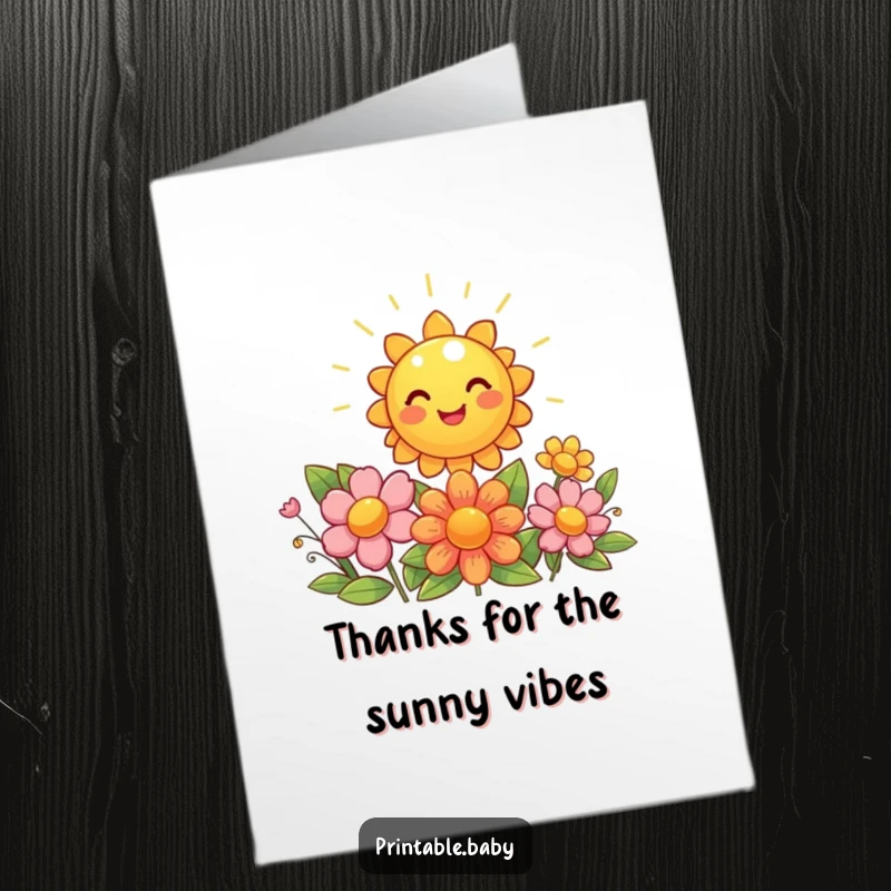 Free Printable Thank You Card: A giggling sun shines warmly on beaming flowers, a cheerful way to express gratitude.