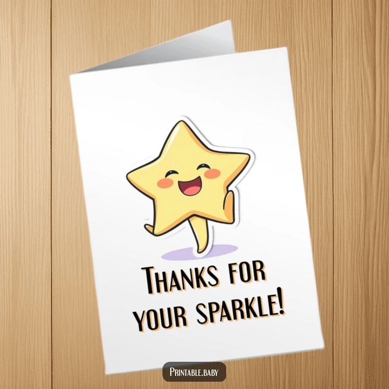 Funny Free Printable Star Thank You Card: A jovial star character does a celebratory cartwheel on textured paper.