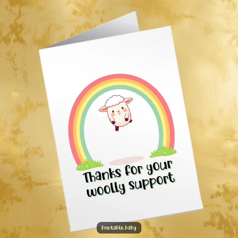 Free Printable Thank You Card: Happy sheep soaring over a bright rainbow, sending a thankful and uplifting message.