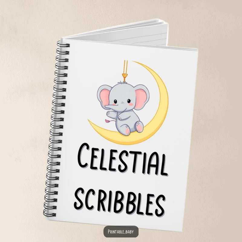 Funny notebook with a tiny elephant gleefully swinging from a crescent moon, a humorous and inspiring journal for nighttime thoughts.
