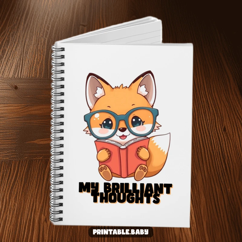 Funny baby fox wearing glasses, reading a book upside down, on a notebook cover, ideal for journaling humor.