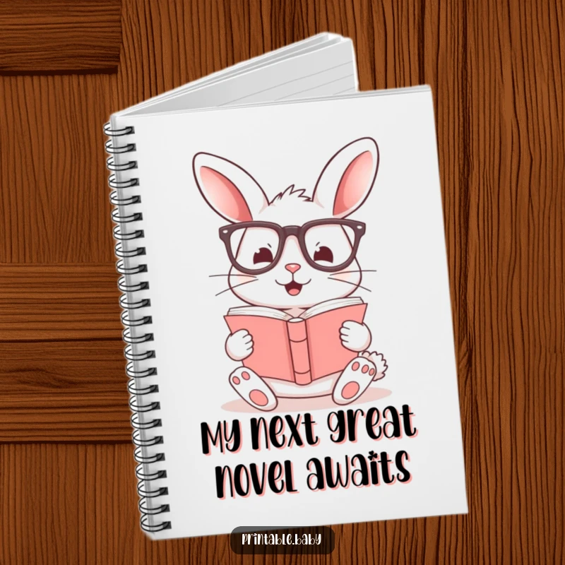 Funny notebook with a cheerful bunny in glasses, ready to write, inspiring creativity and humor for users.
