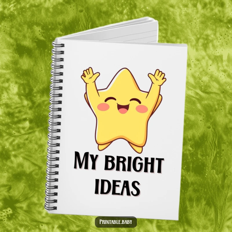 Funny giggling star with arms thrown up in pure joy, radiating happiness, a humorous notebook for jotting down joyful thoughts.