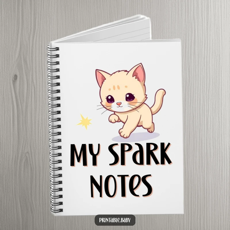 Funny notebook with a curious kitten chasing a sparkly comet tail, encouraging imaginative writing and exploration.