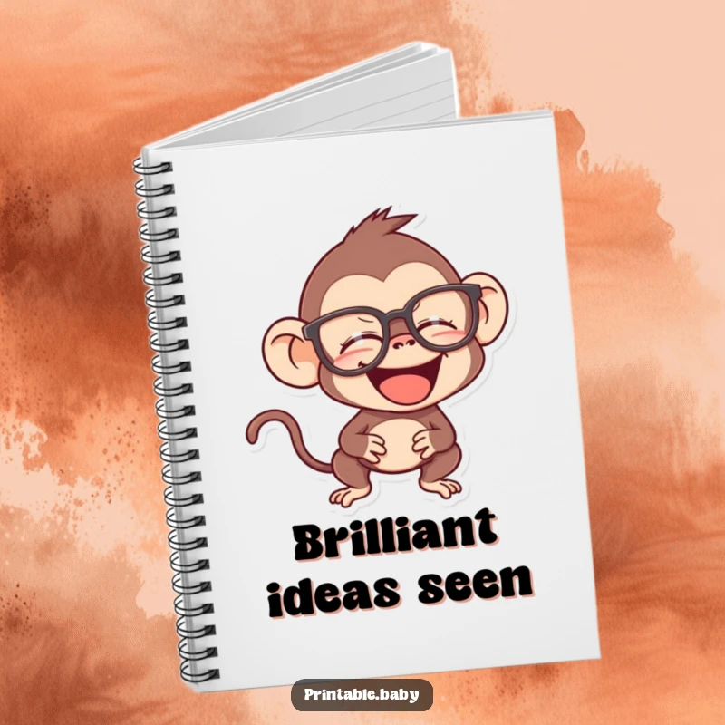 Funny monkey notebook, mischievous primate giggling behind oversized spectacles, ideal for notes and brilliant ideas.