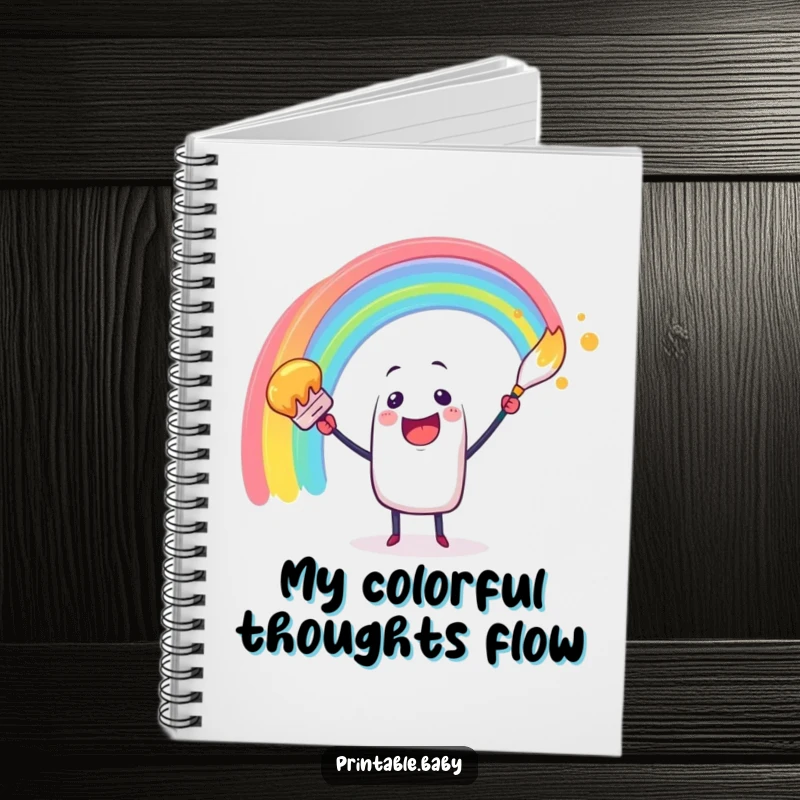 Funny notebook cover with a cheerful paintbrush character creating a rainbow arc, inspiring creativity and colorful ideas.