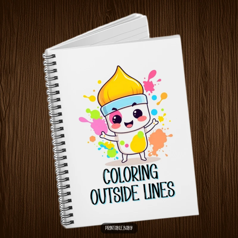 Funny Paintbrush Notebook: Creative notebook with a mischievous paintbrush splashing vibrant colors with a smirk, perfect for journaling and sketching.