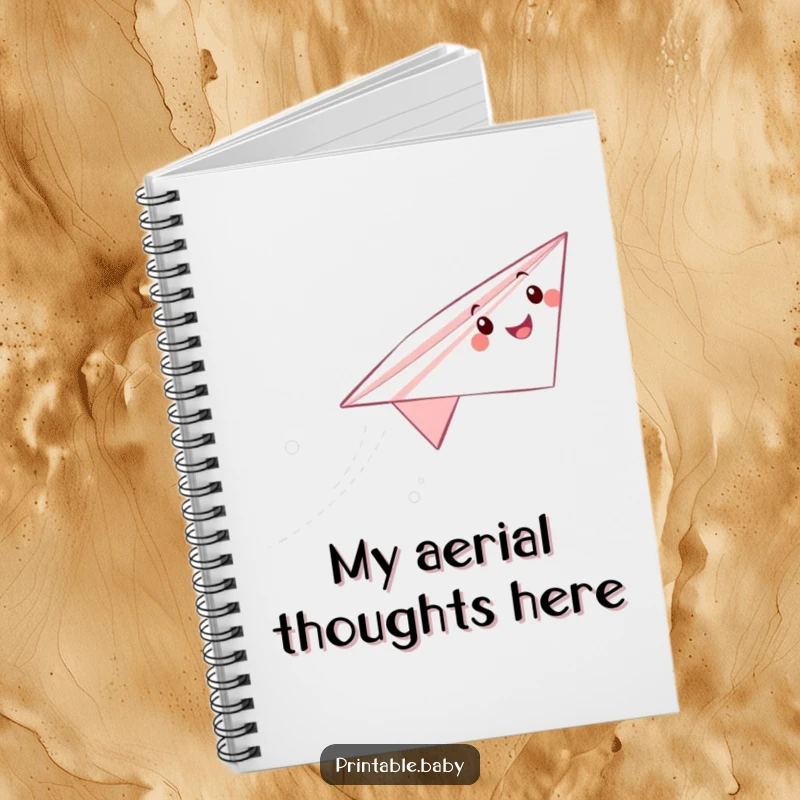 Funny paper airplane notebook featuring a happy character soaring, leaving a trail, perfect for writing and drawing adventures.