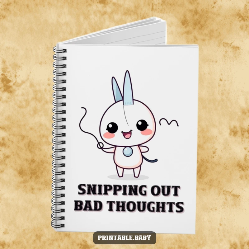Funny scissors giggles notebook with an excited scissors character snipping a wiggly line, perfect for creative notes.