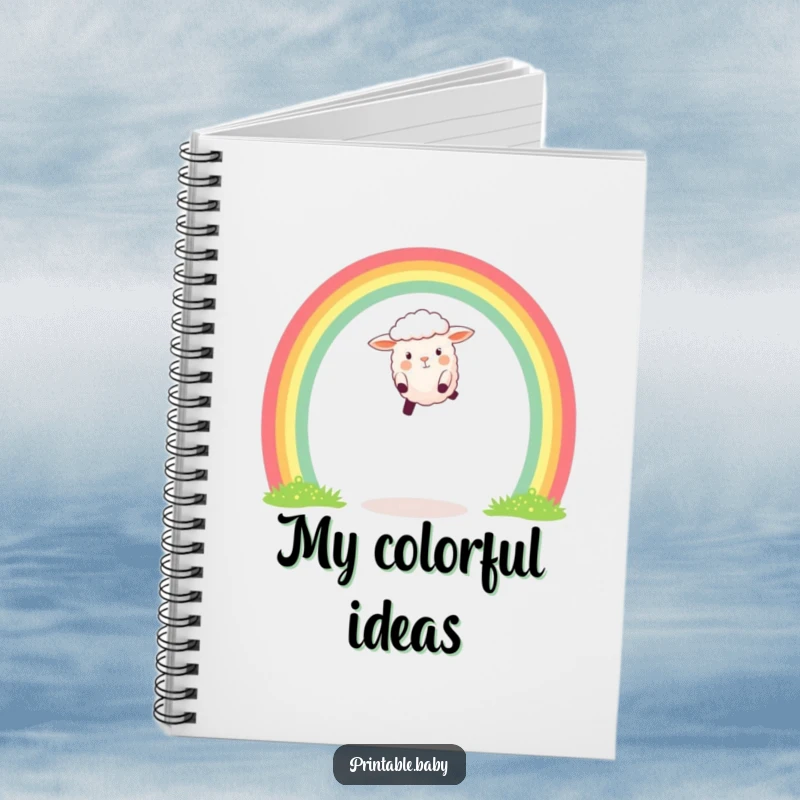 Funny notebook cover featuring a happy sheep leaping over a vibrant rainbow arch, perfect for journaling dreams and ideas.
