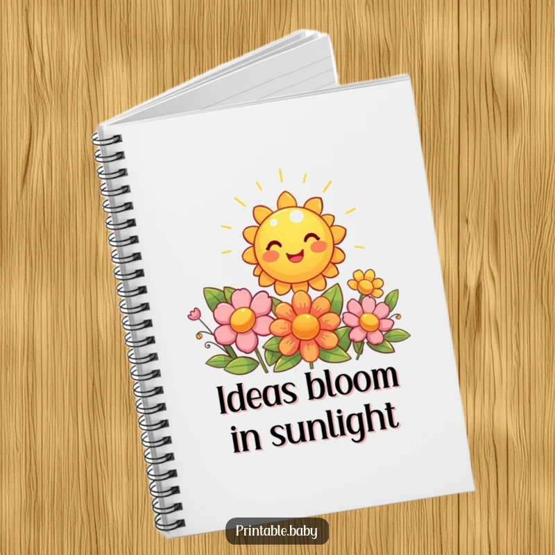 Funny sun notebook, giggling sun shining brightly on beaming flowers, ready for notes.