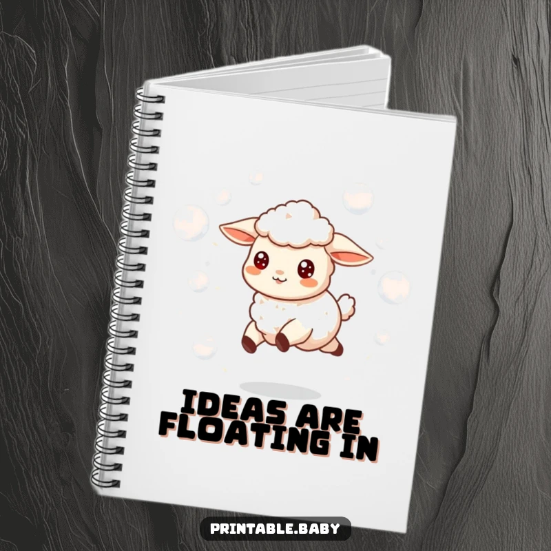 Funny notebook featuring a happy lamb skipping merrily, surrounded by playful floating bubbles, perfect for journaling.