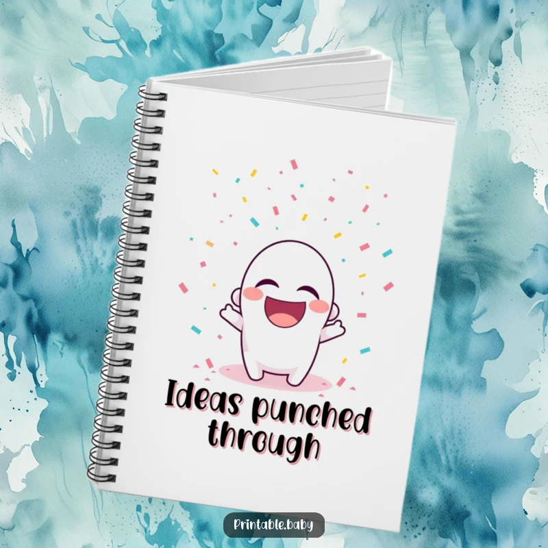 Funny notebook cover with a laughing hole punch character and falling confetti, for planning events.