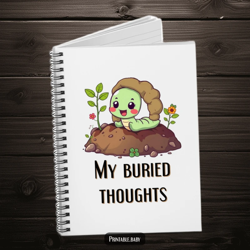 Funny happy worm joyfully tunneling through vibrant soil, leaving a trail, a humorous notebook for jotting down earthy thoughts.