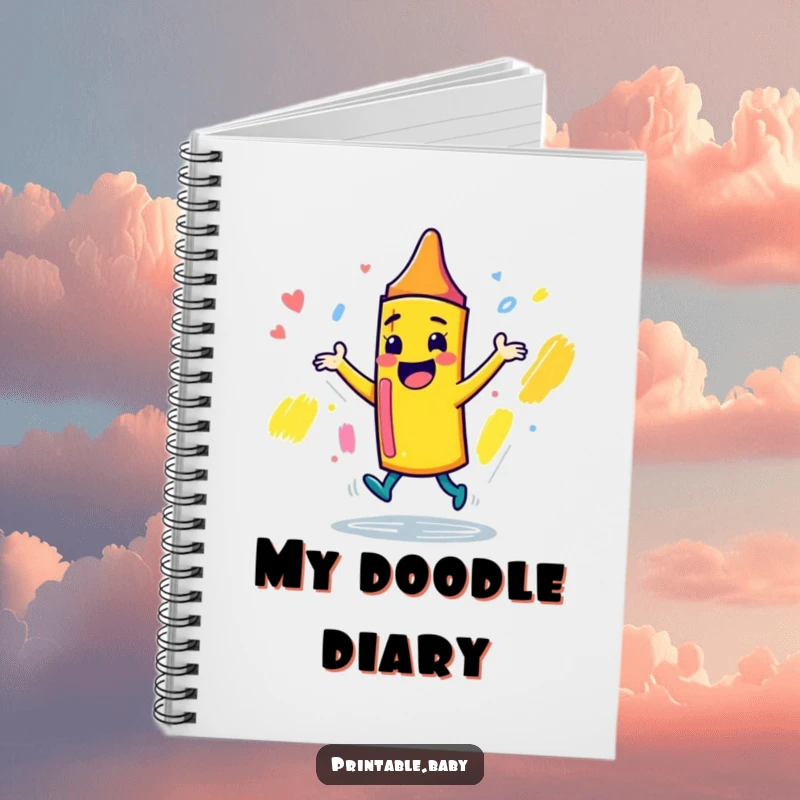 Funny playful crayon character notebook, dancing joyfully around a sketchbook, ideal for journaling, sketching, and capturing creative ideas.