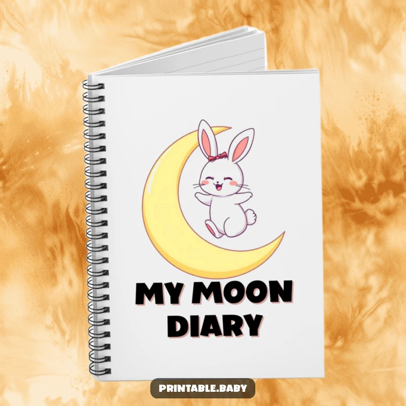 Funny notebook with a giggling bunny hopping on a large crescent moon, encouraging imaginative writing.