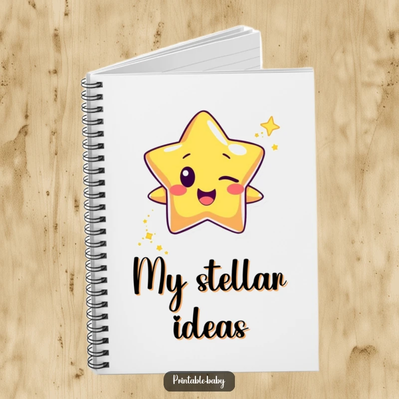 Funny happy star character notebook, winking and leaving a trail of glitter, ideal for journaling and jotting down sparkling ideas.