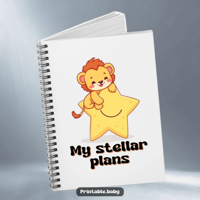 Funny notebook with a brave lion cub climbing a smiling star, perfect for jotting down ambitious goals and ideas.