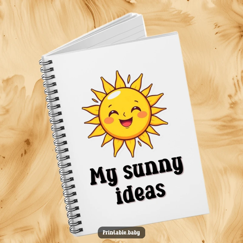 Funny grinning sun notebook featuring a happy character shining brightly on an outline, perfect for writing and planning.