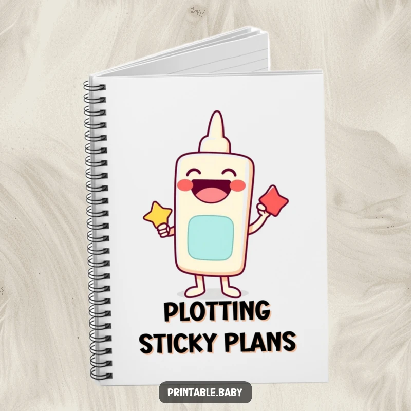 Funny notebook with a laughing glue stick character sticking shapes together, perfect for notes and ideas.
