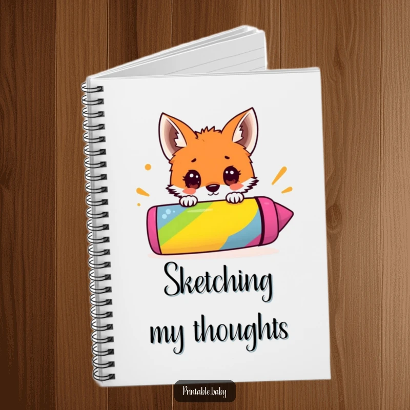 Funny notebook cover featuring a surprised fox cub peeking over a giant colorful crayon, perfect for sketching and writing.